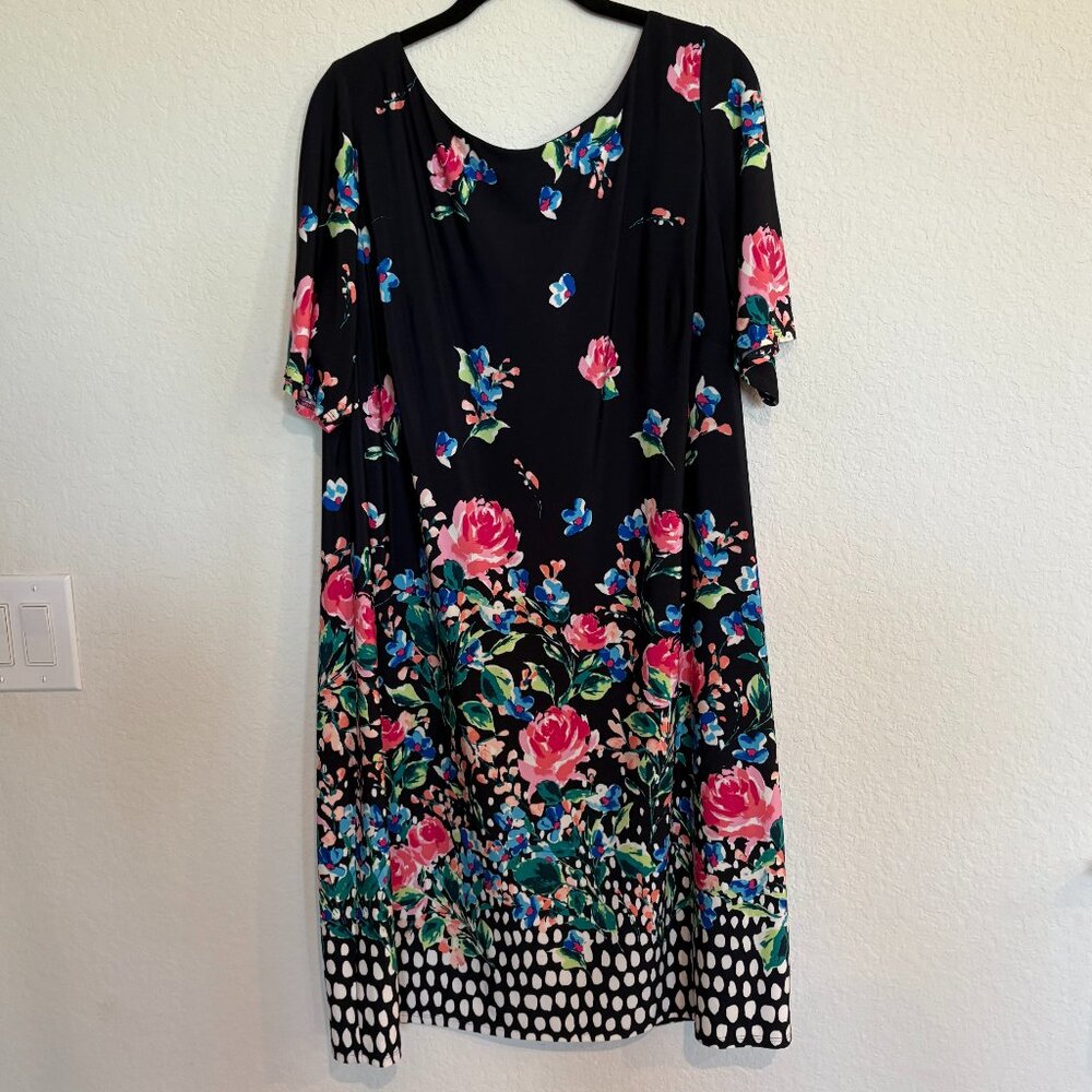 Eliza J Women's Navy Floral Knit Elbow Sleeve Boat Neck Knee Length Shift Dress